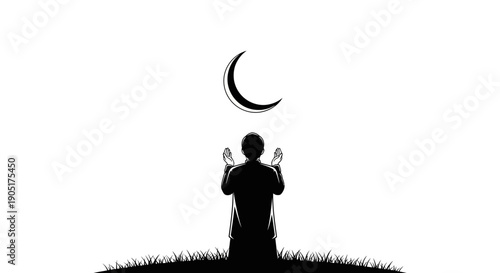 Silhouette of a Muslim man praying under a crescent moon on a Ramadan night with a serene and peaceful mood.
