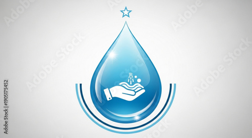 Blue water drop icon with hand and star symbolizing conservation and purity on white background with gradient shadow