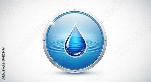 Water droplet icon in silver framed blue circle with ripples on white background symbolizing purity and refreshment