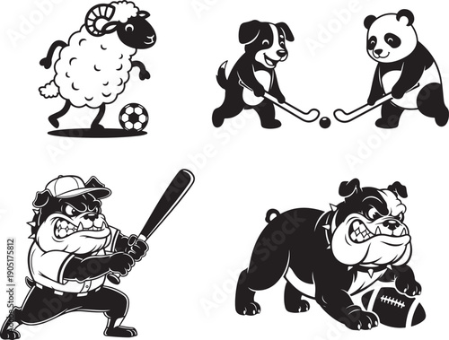 Vector cartoon animals playing sports: sheep with soccer ball, dogs playing hockey, bulldog baseball player, bulldog with football, isolated on white