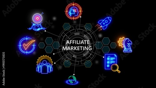affiliate marketing concept with icons of merchant website, sales,futuristic technology matrix global security with digital spot light and stretchglowing 4k video animation