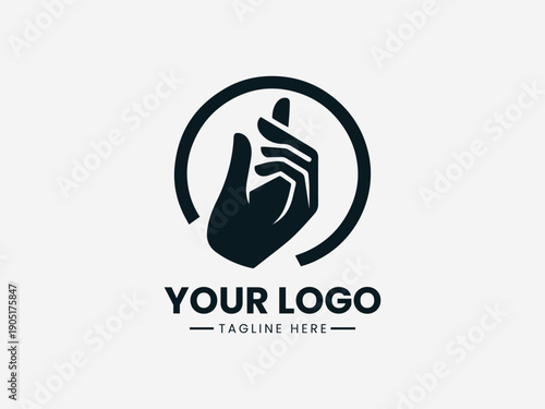 A minimalist logo design featuring a stylized hand within a circle on a clean white background with black text reading 'YOUR LOGO' and 'TAGLINE HERE'.