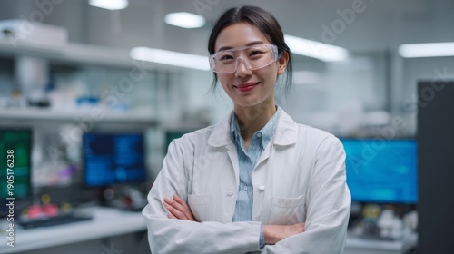 Confident Asian scientist in lab coat with arms crossed in laboratory