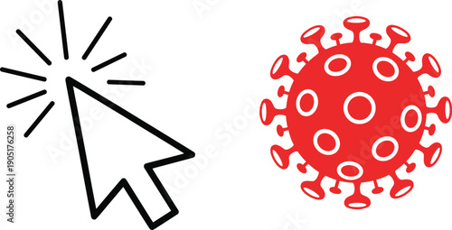 Cursor click symbol pointing at virus illustration, digital interaction and pandemic warning concept vector icon design