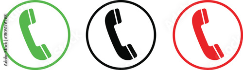 Phone call icon set in green, black, and red circular frames, communication and contact vector symbols collection