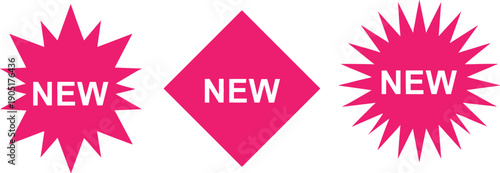 New product promotion badge icons with starburst and diamond shapes, bold pink labels for marketing vector designs