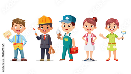 Kids professions. Cartoon happy children different professions vector characters. Profession job children, occupation different kids illustration
