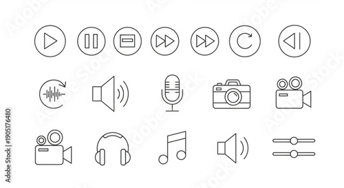 Collection of media and audio icons for interface design including play buttons microphones and headphones on a white background