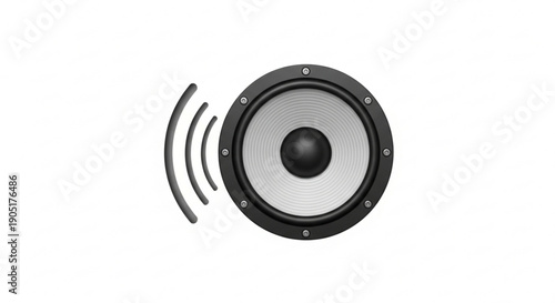 Black speaker with sound waves on white background audio equipment concept