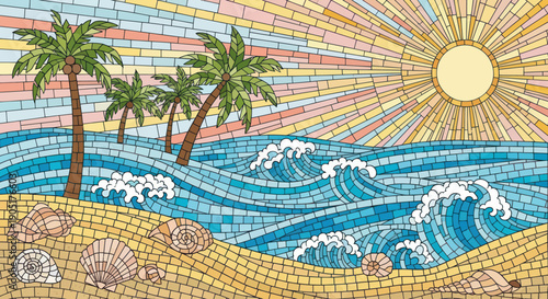 Mosaic Beach Scene: Palm Trees, Ocean Waves, and Sun