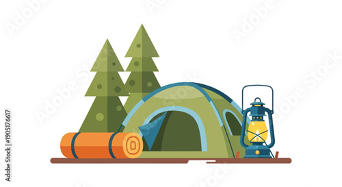 Camping Scene with Tent, Lantern, and Sleeping Bag in Forest