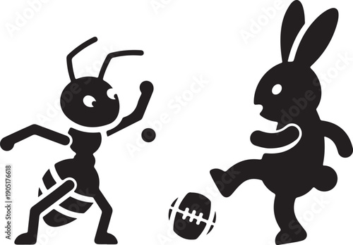 Black vector illustration of an ant playing table tennis and a rabbit playing American football, isolated on white