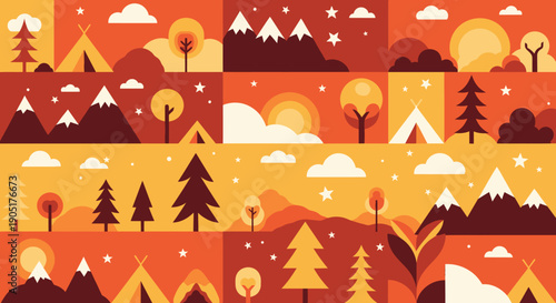 Flat Design Camping & Nature Landscape Collection - Mountains, Trees, Tents, Sun