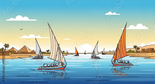 Traditional sailboats on the nile river with pyramids in the background at sunset