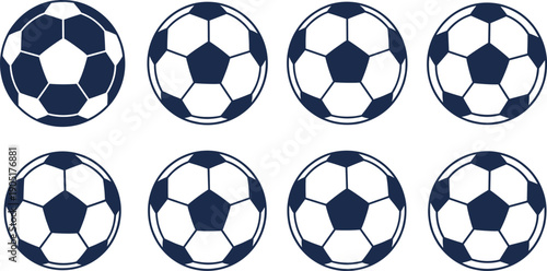 Soccer football ball icon set in classic black and white style, sports equipment vector symbols collection