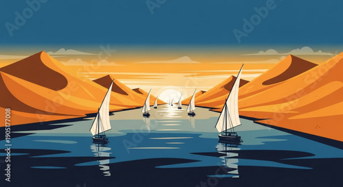 Sailing boats on a serene waterway between majestic orange sand dunes at sunset reflecting calmness and adventure in a desert landscape
