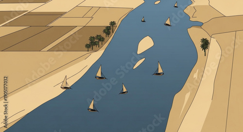 Sailboats on a serene river with sandy banks and palm trees surrounded by vast agricultural fields and a warm desert landscape