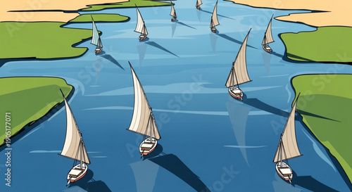 Sailing boats navigate through a serene river landscape with lush green banks and clear blue water on a sunny day