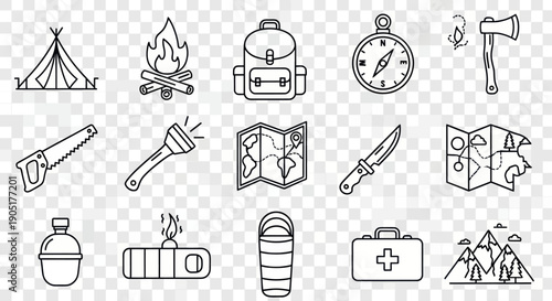 Camping and Hiking Icons: Tent, Fire, Backpack, Compass, Axe, Map, Survival Gear