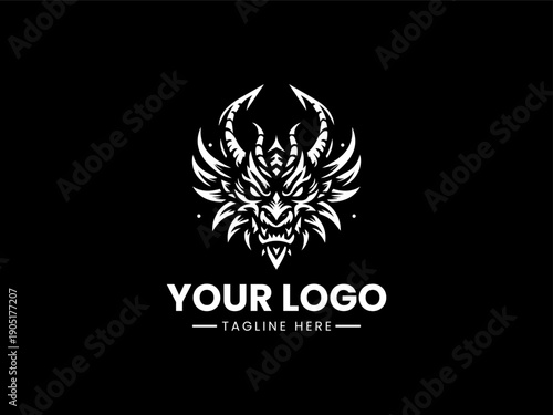 White logo illustration of a dragon head on a black background with sample text for a company emblem.