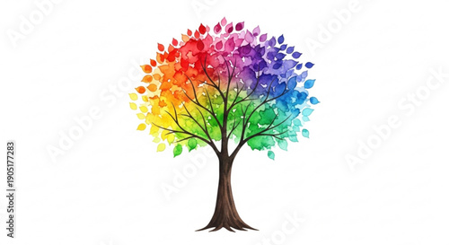 Vibrant rainbow tree with colorful leaves on white background symbolizing diversity and harmony in nature