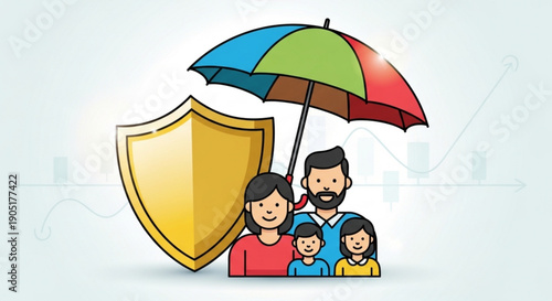 Family protected by umbrella and shield symbolizing safety and security for loved ones