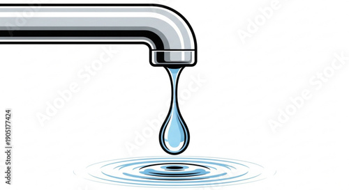 Leaking faucet drips water drop into puddle symbolizing waste and conservation needs in plumbing