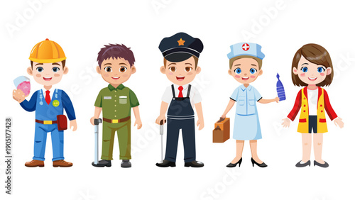 Children in costumes of different professions, isolated on white set of vector illustrations. Doctor, professional worker, fireman police and cook, artist, kids professing work collection.
