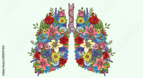 Vibrant floral lungs with colorful flowers and green leaves on a light background symbolizing health and wellness