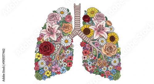 Human lungs filled with vibrant colorful flowers and plants symbolizing health and wellness on a white background