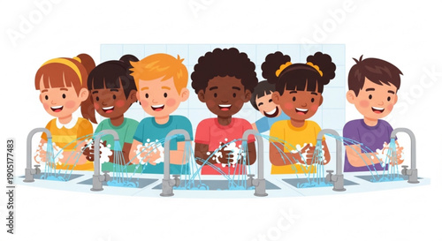 Diverse group of happy children washing hands together at sinks with soap and water