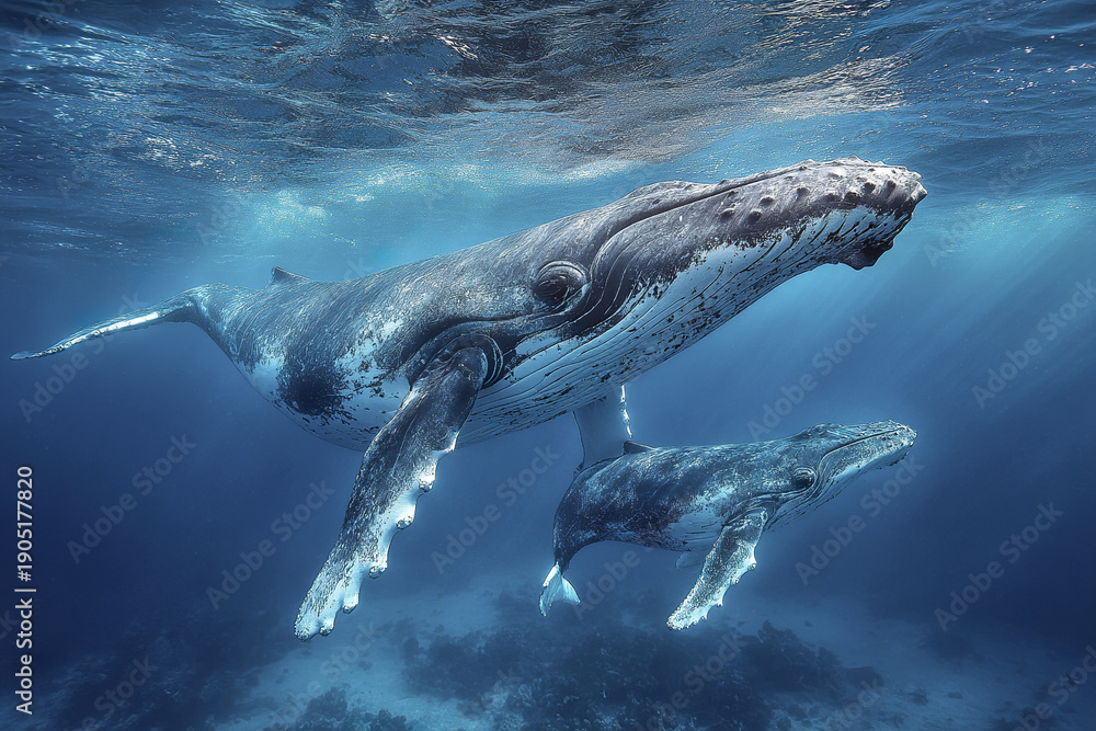 Fototapeta premium Underwater humpback whale mother and baby whale swimming together in deep blue ocean with sunlight rays creating peaceful and majestic marine scene