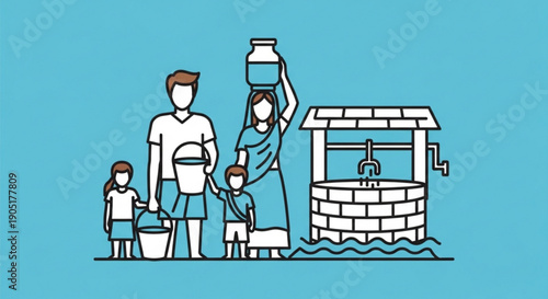Family collecting water from a well carrying buckets and jugs symbolizing hydration and sustainability