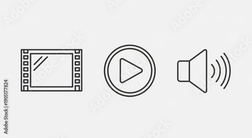 Multimedia icons set with film strip play button and speaker symbol for video and audio content