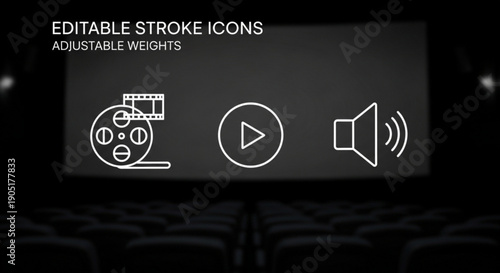 Editable stroke icons of film reel play button and speaker on dark cinema screen with adjustable weights for multimedia presentations