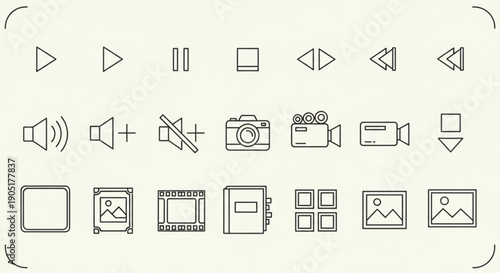 Collection of media and technology icons for design and editing including play buttons cameras and screens