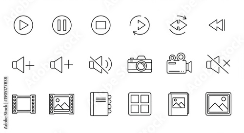 Collection of media and film icons including play buttons cameras and video editing symbols on white background