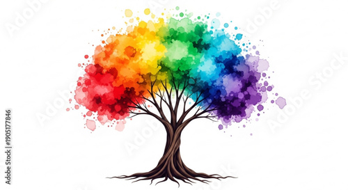 Vibrant rainbow tree with colorful splashes on white background symbolizing diversity and harmony in nature