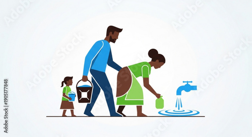 Family collecting water from outdoor faucet illustrating daily life and access to clean water