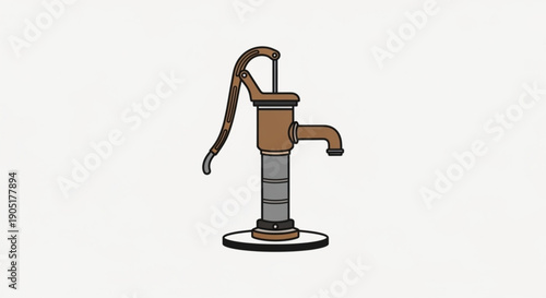 Old fashioned hand pump water well with metal cylinder and brown handle on white background