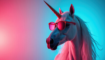 White unicorn wears red sunglasses against neon pink and blue background. Mythical horse with horn has stylish look. Fantasy creature poses for photo.