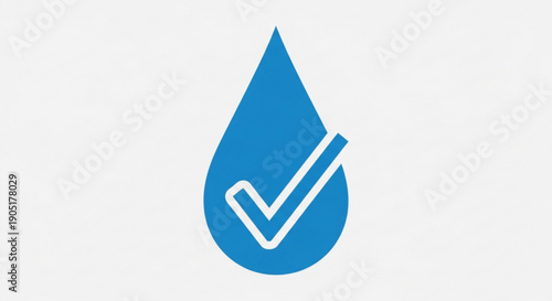 Blue water droplet icon with checkmark symbolizing purity cleanliness and water conservation on a clean white background