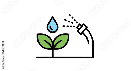 Simple line illustration of a green plant being watered by a hose with a blue water droplet above it symbolizing growth and hydration