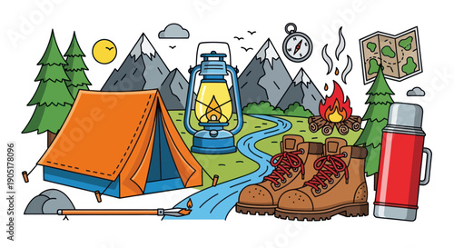 Camping Adventure Scene with Tent, Lantern, Boots, and Mountains