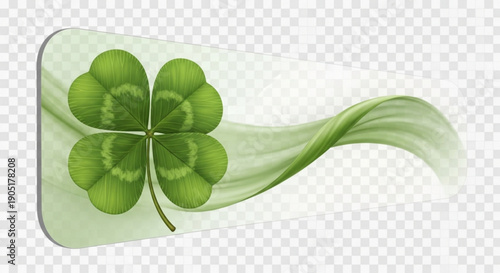 Green four leaf clover with flowing leaf design on transparent background for luck and nature concepts