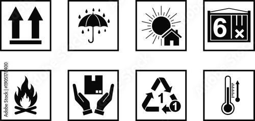 Packaging handling and shipping symbols icon set in black for logistics safety storage and transportation labeling