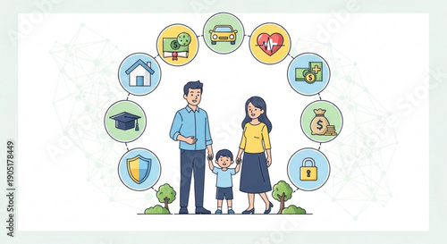 Family surrounded by icons representing financial security and stability with house education health and savings