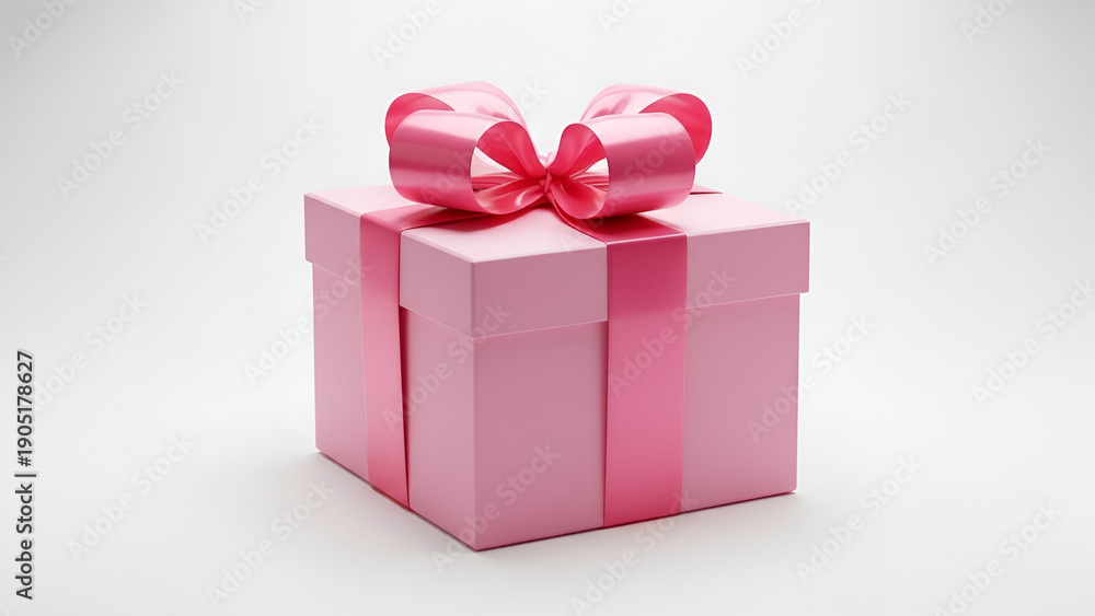 Fototapeta premium Pink Gift Box with Matching Ribbon – Simple Square Present on White Backdrop