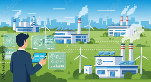 Businessman analyzing sustainable industrial landscape with wind turbines and eco friendly factory buildings