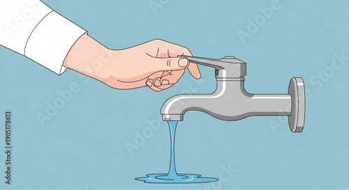 Hand turning faucet handle with water flowing out dripping on blue background symbolizing hydration and conservation